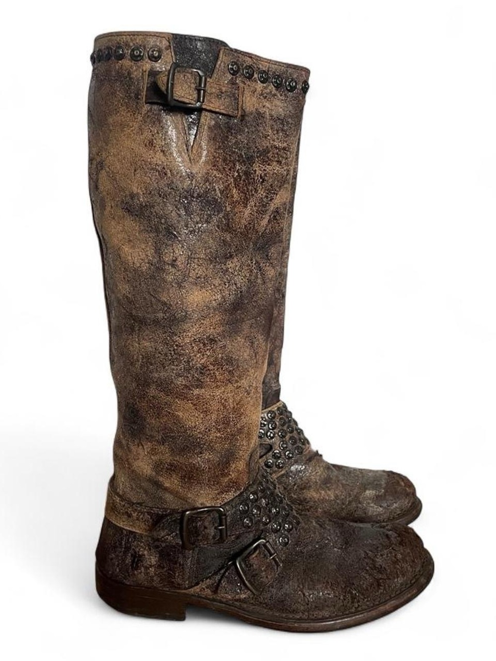Frye Distressed Brown Studded Leather Knee Riding Boots - Picture 3 of 7